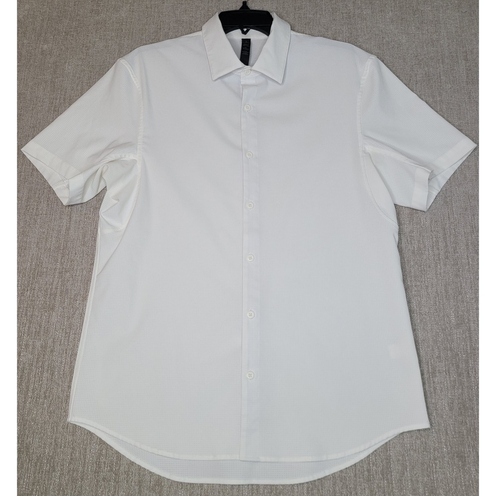 Lululemon Airing Easy Men Short Sleeve Button Up Shirt White Grid Stretch Size M